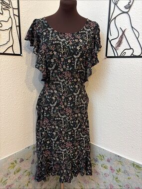 Max Studio black with pink & green floral ruffle midi dress. Size XL.